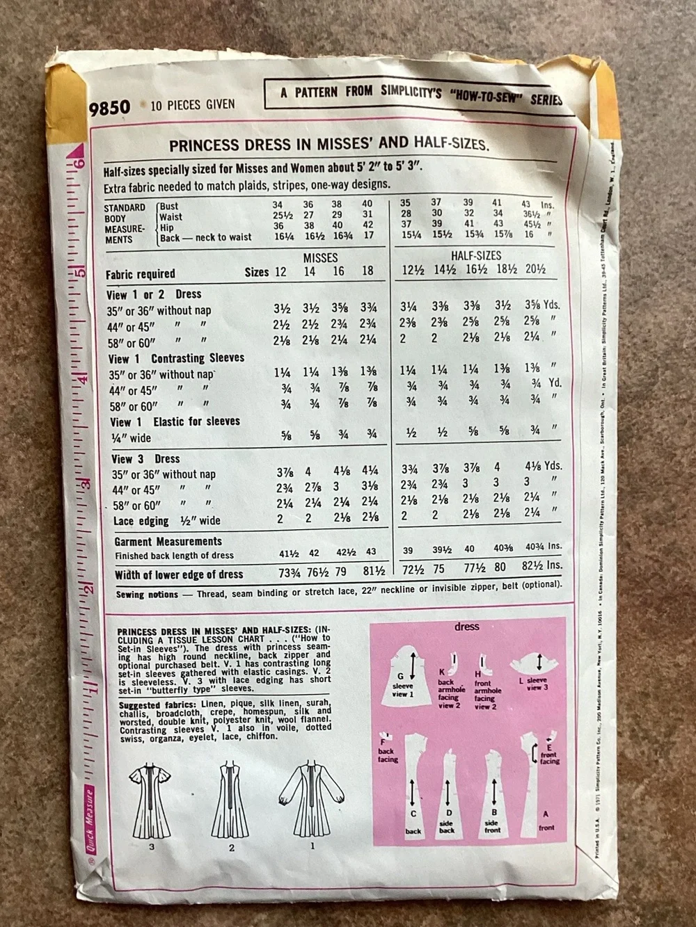 Vintage 1972 Simplicity 9850 Sewing Pattern Misses' Princess Dress, 70s